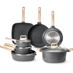 VEVOR 19 Piece Pots and Pans Set, Granite Nonstick Cookware Set, Induction Cookwares, Kitchen RV Cooking Sets with Frying, Sauce, Saute, Tempered Glass Lids, and Pan Protectors, Black