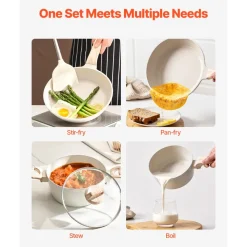 VEVOR 19 Piece Pots and Pans Set Nonstick, Granite Cookware Set, Induction Cookwares, Kitchen RV Cooking Sets with Frying, Sauce, Saute, Tempered Glass Lids, and Pan Protectors, White