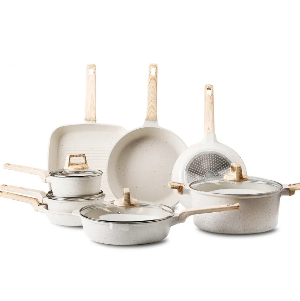 VEVOR 19 Piece Pots and Pans Set Nonstick, Granite Cookware Set, Induction Cookwares, Kitchen RV Cooking Sets with Frying, Sauce, Saute, Tempered Glass Lids, and Pan Protectors, White