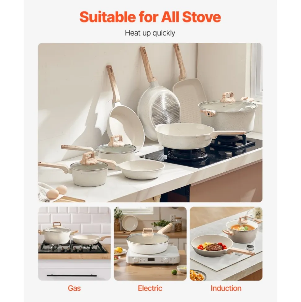 VEVOR 19 Piece Pots and Pans Set Nonstick, Granite Cookware Set, Induction Cookwares, Kitchen RV Cooking Sets with Frying, Sauce, Saute, Tempered Glass Lids, and Pan Protectors, White