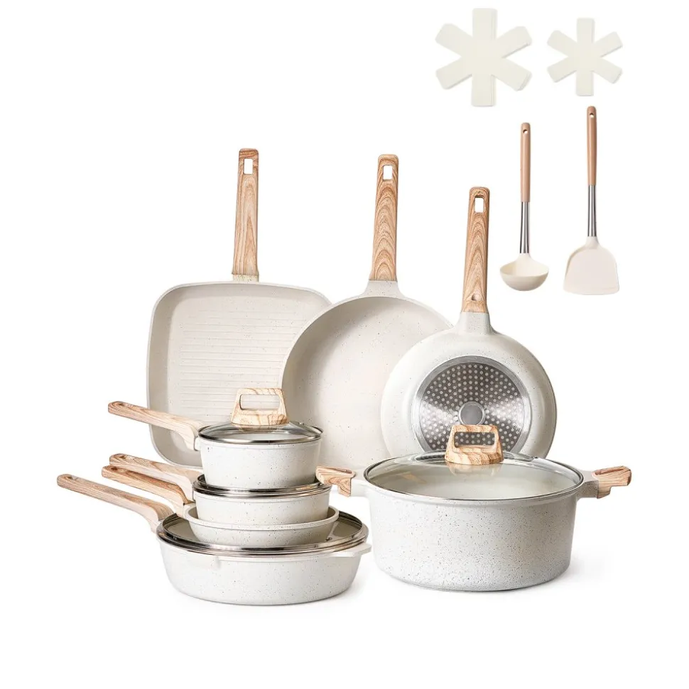 VEVOR 19 Piece Pots and Pans Set Nonstick, Granite Cookware Set, Induction Cookwares, Kitchen RV Cooking Sets with Frying, Sauce, Saute, Tempered Glass Lids, and Pan Protectors, White
