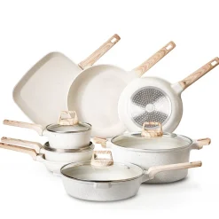 VEVOR 19 Piece Pots and Pans Set Nonstick, Granite Cookware Set, Induction Cookwares, Kitchen RV Cooking Sets with Frying, Sauce, Saute, Tempered Glass Lids, and Pan Protectors, White