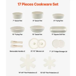 VEVOR 17 Piece Pots and Pans Set Nonstick, Detachable Handle Cookware, Space Saving Induction cookware set, Kitchen RV Cooking Sets, with Frying, Sauce, Saute, Tempered Glass Lids, Oven Safe, White