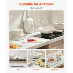 VEVOR 17 Piece Pots and Pans Set Nonstick, Detachable Handle Cookware, Space Saving Induction cookware set, Kitchen RV Cooking Sets, with Frying, Sauce, Saute, Tempered Glass Lids, Oven Safe, White