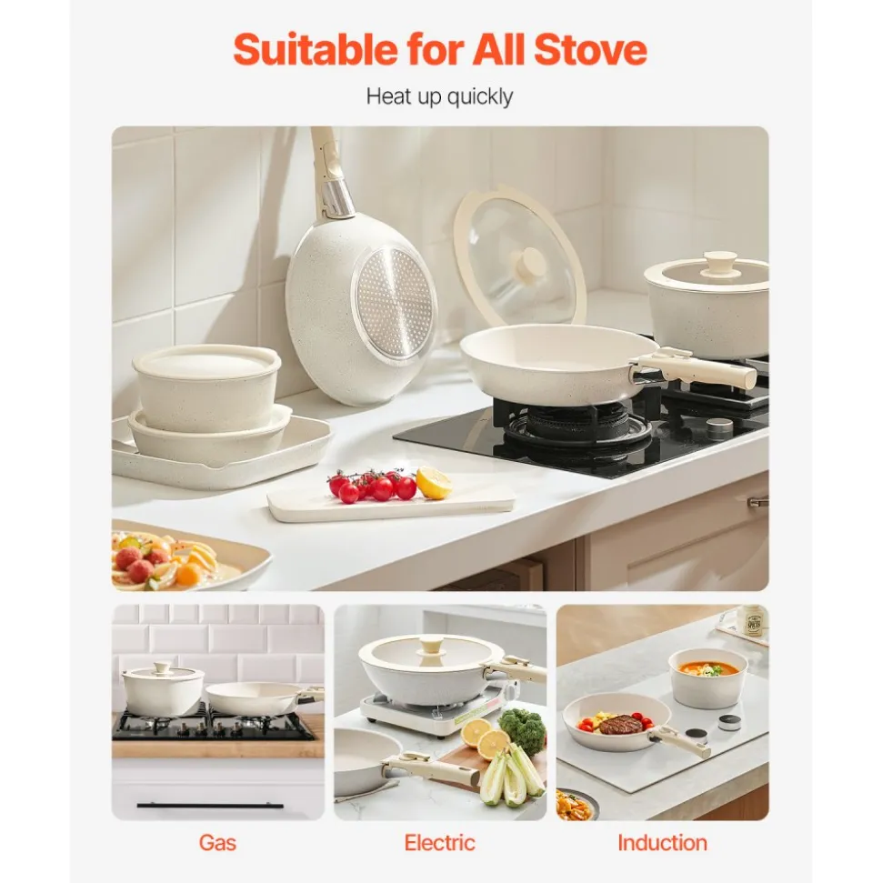 VEVOR 17 Piece Pots and Pans Set Nonstick, Detachable Handle Cookware, Space Saving Induction cookware set, Kitchen RV Cooking Sets, with Frying, Sauce, Saute, Tempered Glass Lids, Oven Safe, White