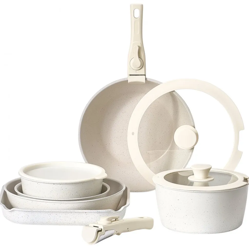 VEVOR 17 Piece Pots and Pans Set Nonstick, Detachable Handle Cookware, Space Saving Induction cookware set, Kitchen RV Cooking Sets, with Frying, Sauce, Saute, Tempered Glass Lids, Oven Safe, White