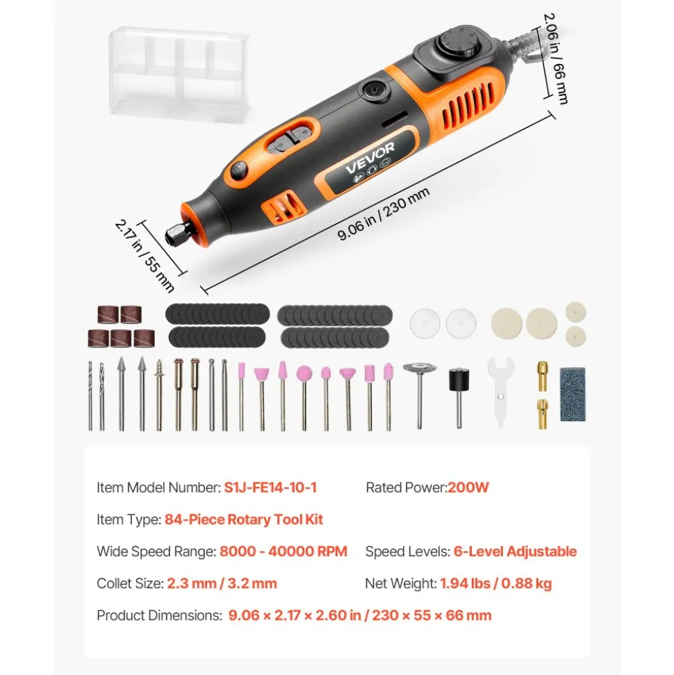 VEVOR 51-Piece Rotary Tool Kit, 200W Mini Power Rotary Tool Corded, 8000-40000RPM Multi-Purpose DIY Tools with Universal Chuck for Engraving, Sanding, Grinding, Polishing, Cutting, DIY Crafts