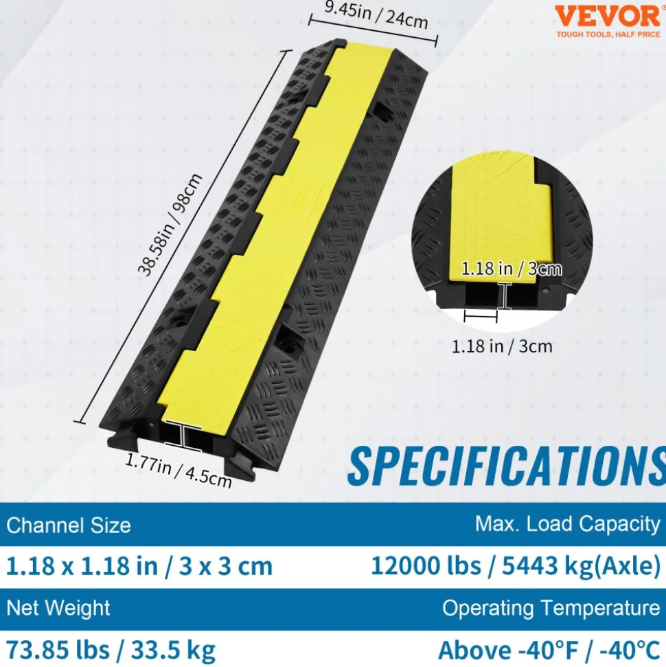 VEVOR 5-Piece Rubber Cable Guard, Dual Channel, 12000 lbs per Axle Load Capacity, Durable Hose & Wire Protection Ramp for Driveways, with Easy Access Top & 50 ft Caution Tape for Both Indoor & Outd