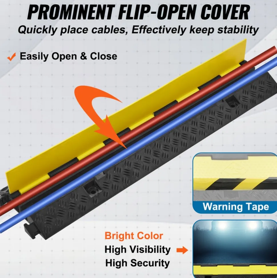 VEVOR 5-Piece Rubber Cable Guard, Dual Channel, 12000 lbs per Axle Load Capacity, Durable Hose & Wire Protection Ramp for Driveways, with Easy Access Top & 50 ft Caution Tape for Both Indoor & Outd