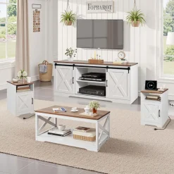VEVOR 4 Pieces Farmhouse Coffee Table Sets, 40 in Coffee Table with 2 End Tables and 66 in TV Stand, Easy Assembly Living Room Tables Sets with Charging Station, for Office, Living Room & Apartment