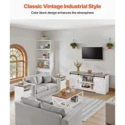 VEVOR 4 Pieces Farmhouse Coffee Table Sets, 40 in Coffee Table with 2 End Tables and 66 in TV Stand, Easy Assembly Living Room Tables Sets with Charging Station, for Office, Living Room & Apartment