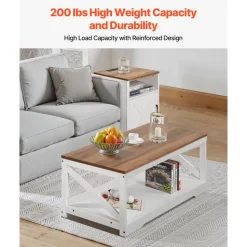 VEVOR 3 Pieces Farmhouse Coffee Table Sets, 40 in Industrial Coffee Table with 2 End Side Tables, Easy Assembly Coffee and End Tables Sets with Charging Station, for Office, Living Room & Apartment