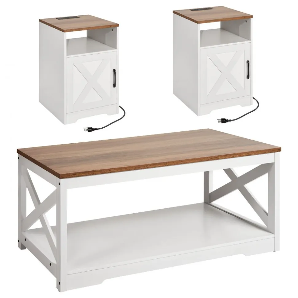 VEVOR 3 Pieces Farmhouse Coffee Table Sets, 40 in Industrial Coffee Table with 2 End Side Tables, Easy Assembly Coffee and End Tables Sets with Charging Station, for Office, Living Room & Apartment