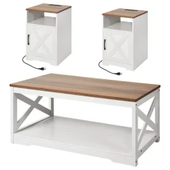 VEVOR 3 Pieces Farmhouse Coffee Table Sets, 40 in Industrial Coffee Table with 2 End Side Tables, Easy Assembly Coffee and End Tables Sets with Charging Station, for Office, Living Room & Apartment