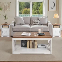 VEVOR 3 Pieces Farmhouse Coffee Table Sets, 40 in Industrial Coffee Table with 2 End Side Tables, Easy Assembly Coffee and End Tables Sets with Charging Station, for Office, Living Room & Apartment