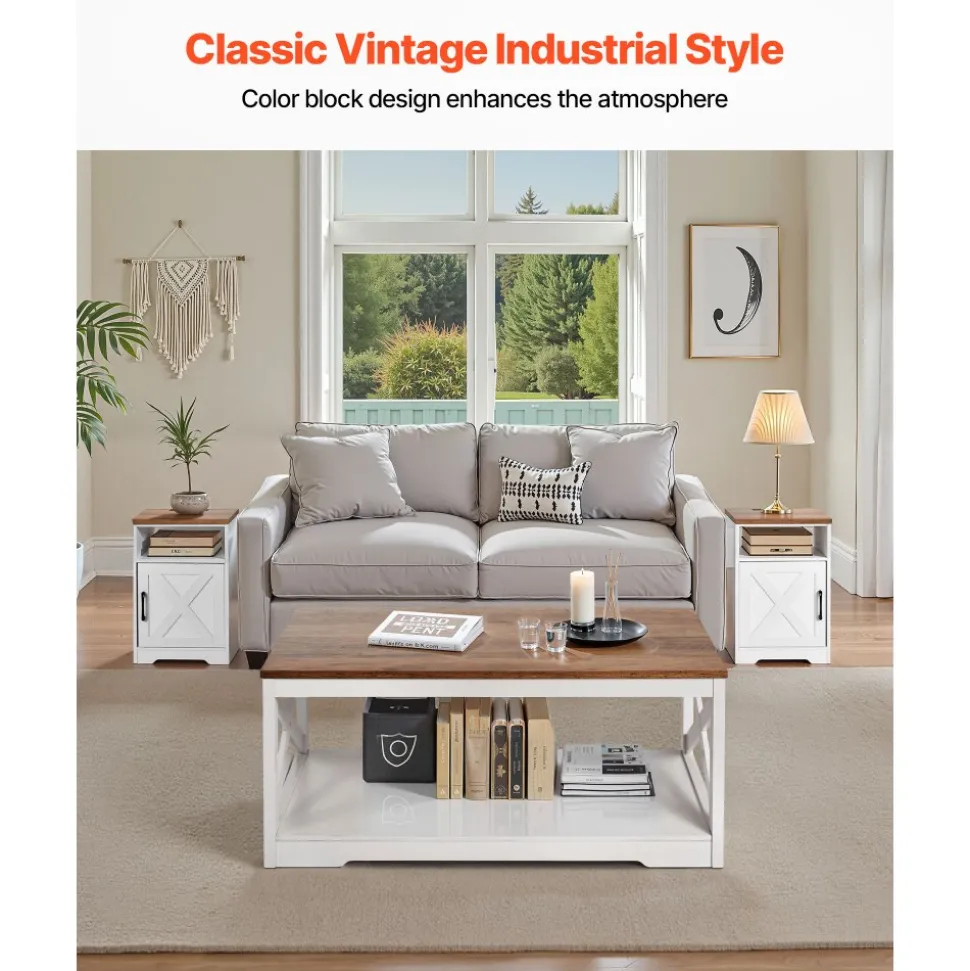 VEVOR 3 Pieces Farmhouse Coffee Table Sets, 40 in Industrial Coffee Table with 2 End Side Tables, Easy Assembly Coffee and End Tables Sets with Charging Station, for Office, Living Room & Apartment