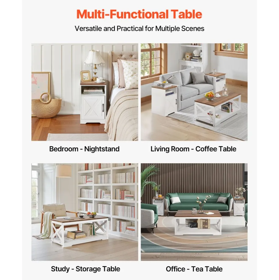 VEVOR 3 Pieces Farmhouse Coffee Table Sets, 40 in Industrial Coffee Table with 2 End Side Tables, Easy Assembly Coffee and End Tables Sets with Charging Station, for Office, Living Room & Apartment