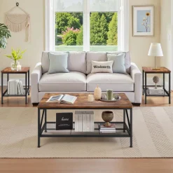 VEVOR 3 Pieces Living Room Table Sets, 41.3 in Industrial Coffee Table with 2 Square End Side Tables, Easy Assembly Coffee and End Tables Sets with Metal Legs, for Office, Living Room & Apartment