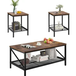 VEVOR 3 Pieces Living Room Table Sets, 41.3 in Industrial Coffee Table with 2 Square End Side Tables, Easy Assembly Coffee and End Tables Sets with Metal Legs, for Office, Living Room & Apartment