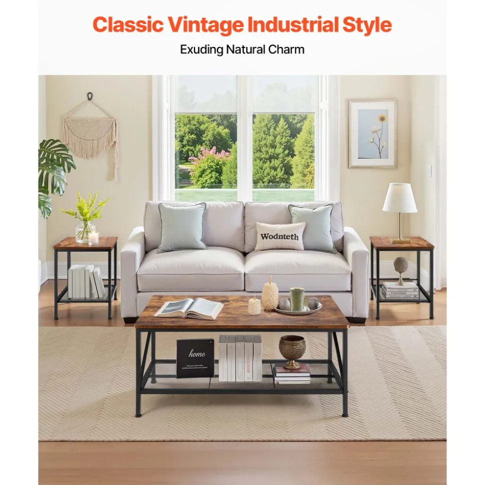 VEVOR 3 Pieces Living Room Table Sets, 41.3 in Industrial Coffee Table with 2 Square End Side Tables, Easy Assembly Coffee and End Tables Sets with Metal Legs, for Office, Living Room & Apartment