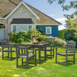 VEVOR 5 Pieces Patio Dining Set, Outdoor Square Furniture Table and Chairs, All Weather Garden Furniture Table Sets, HIPS Small Patio Conversation Set, For Lawn, Deck, Backyard, Poolside, Light Gray