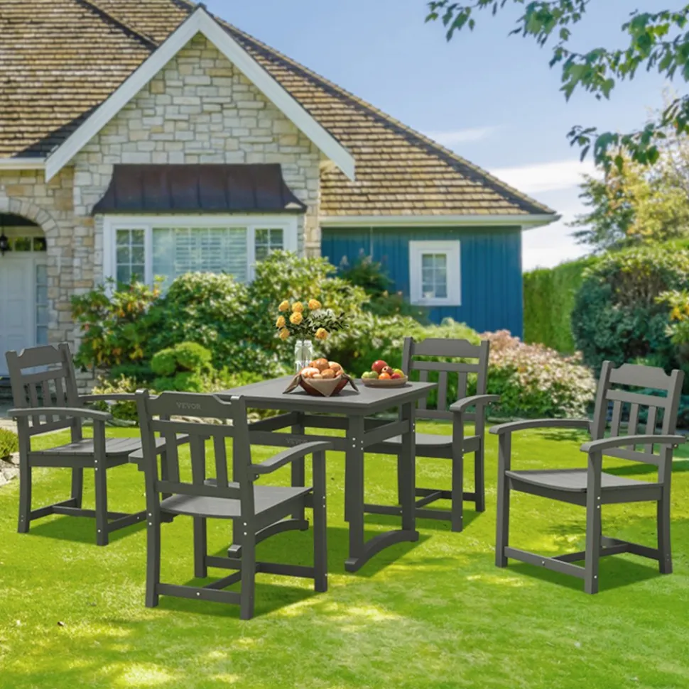 VEVOR 5 Pieces Patio Dining Set, Outdoor Square Furniture Table and Chairs, All Weather Garden Furniture Table Sets, HIPS Small Patio Conversation Set, For Lawn, Deck, Backyard, Poolside, Light Gray