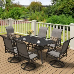 VEVOR 7 Pieces Patio Dining Set, Outdoor Furniture Table and Swivel Chairs Set, All Weather Garden Furniture Table Sets, Iron Patio Conversation Set with Umbrella Hole, For Lawn, Deck, Backyard, Black