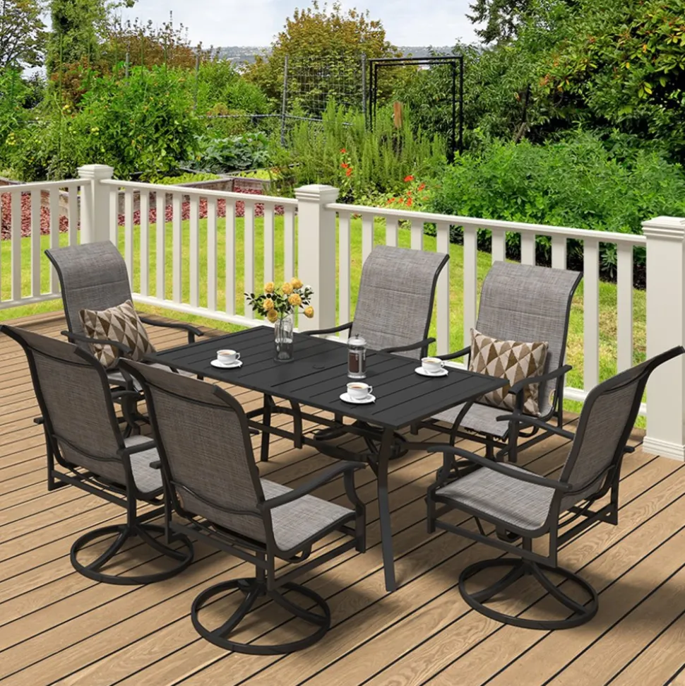 VEVOR 7 Pieces Patio Dining Set, Outdoor Furniture Table and Swivel Chairs Set, All Weather Garden Furniture Table Sets, Iron Patio Conversation Set with Umbrella Hole, For Lawn, Deck, Backyard, Black