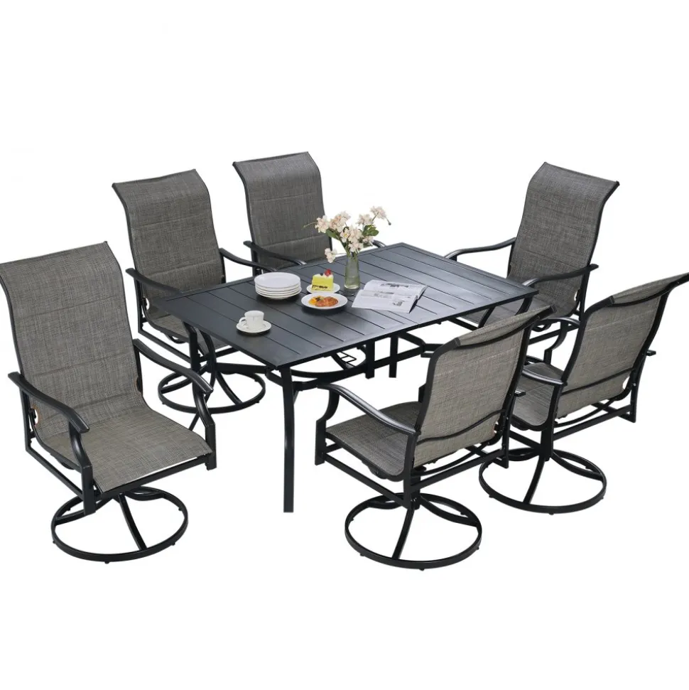 VEVOR 7 Pieces Patio Dining Set, Outdoor Furniture Table and Swivel Chairs Set, All Weather Garden Furniture Table Sets, Iron Patio Conversation Set with Umbrella Hole, For Lawn, Deck, Backyard, Black