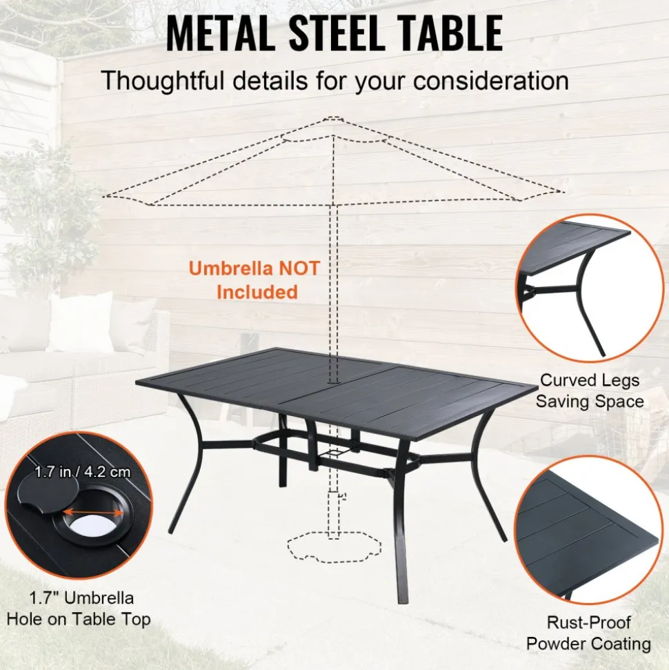 VEVOR 7 Pieces Patio Dining Set, Outdoor Furniture Table and Swivel Chairs Set, All Weather Garden Furniture Table Sets, Iron Patio Conversation Set with Umbrella Hole, For Lawn, Deck, Backyard, Black