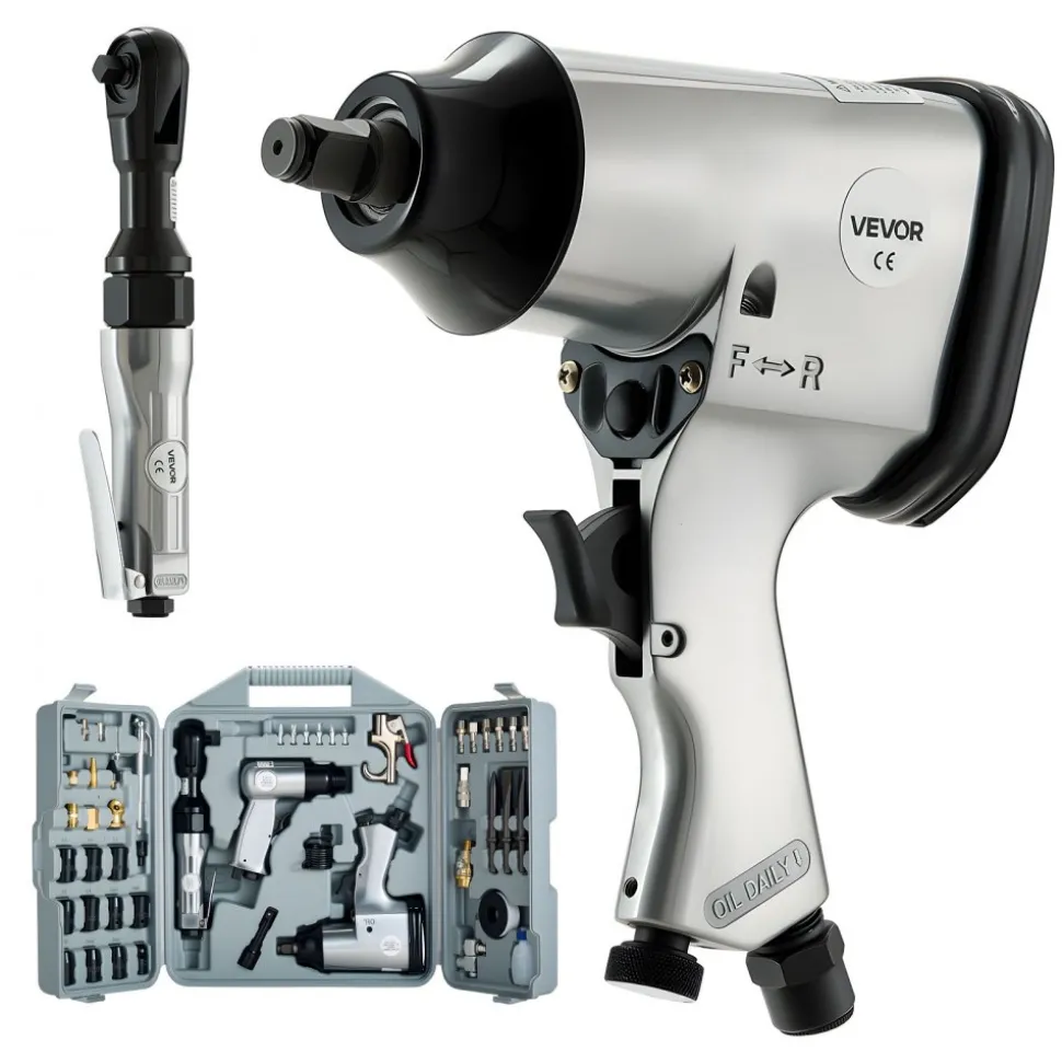 VEVOR 50 Pieces Pro Air Tool and Accessories Kit - 1/2" Air Impact Wrench, 3/8" Ratchet Wrench, 4500BPM Hammer, Blow Gun & Full Accessories for Auto Repairs, Home DIY Projects - with Storage Case