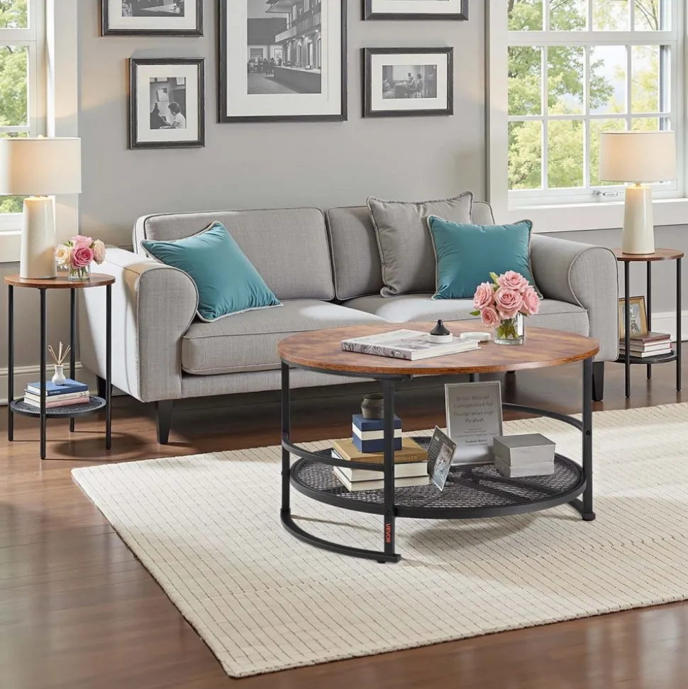 VEVOR 3 Pieces Round Coffee Table Sets, 31.5 in Industrial Living Room Table with 2 End Side Tables, Easy Assembly Coffee and End Tables Sets with Metal Legs, for Office, Living Room and Apartment