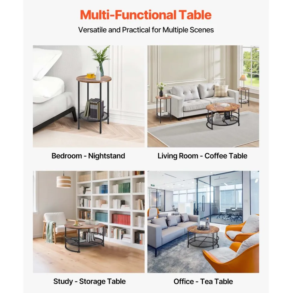 VEVOR 3 Pieces Round Coffee Table Sets, 31.5 in Industrial Living Room Table with 2 End Side Tables, Easy Assembly Coffee and End Tables Sets with Metal Legs, for Office, Living Room and Apartment