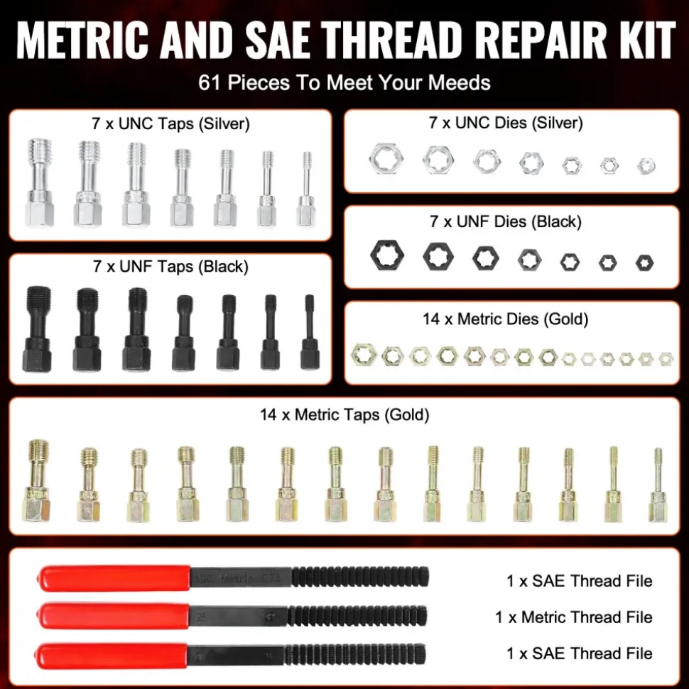 VEVOR 61-Piece Thread Chaser Set, UNC UNF and Metric Thread Restorer Tool, Rethreading Tool Kit with 28 Taps 28 Dies 3 Thread Files Storage Case, Heat Treated Steel, for Mechanics DIY Enthusiasts