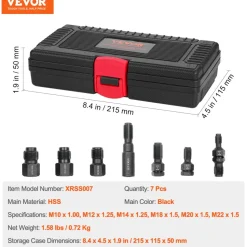 VEVOR 7-Piece Thread Chaser Set, Metric Thread Restorer Tool M10 M12 M14 M18 M20 M22, Rethreading Tool Kit with Storage Case, Heat Treated Carbon Steel, for Automotive Thread Repair Applications
