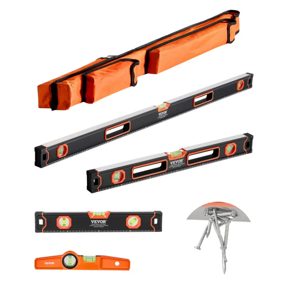 VEVOR 4-Piece Torpedo Level, 48/24/16/10 Inch All Magnetic Levels Set, Fluorescent Light Up Bubble Vials Ruler for 45/90/180 Degree, Aluminum Alloy Magnetic Box Leveler Tool, SAE and Metric Scale