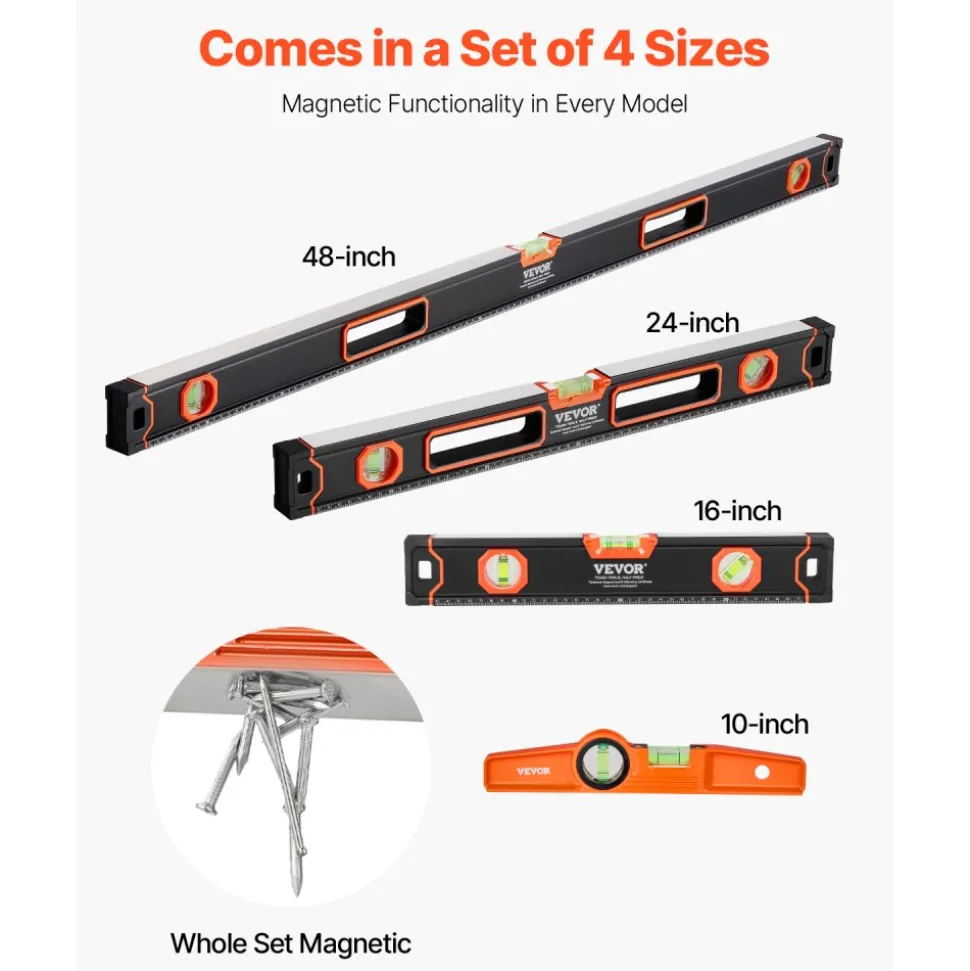VEVOR 4-Piece Torpedo Level, 48/24/16/10 Inch All Magnetic Levels Set, Fluorescent Light Up Bubble Vials Ruler for 45/90/180 Degree, Aluminum Alloy Magnetic Box Leveler Tool, SAE and Metric Scale