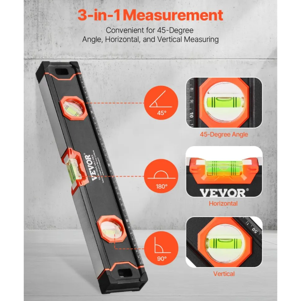 VEVOR 4-Piece Torpedo Level, 48/24/16/10 Inch All Magnetic Levels Set, Fluorescent Light Up Bubble Vials Ruler for 45/90/180 Degree, Aluminum Alloy Magnetic Box Leveler Tool, SAE and Metric Scale