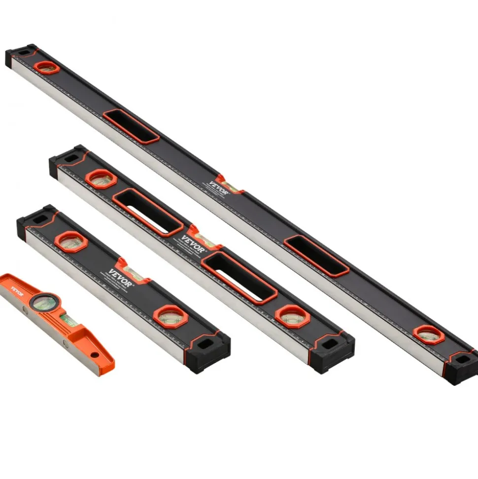 VEVOR 4-Piece Torpedo Level, 48/24/16/10 Inch All Magnetic Levels Set, Fluorescent Light Up Bubble Vials Ruler for 45/90/180 Degree, Aluminum Alloy Magnetic Box Leveler Tool, SAE and Metric Scale