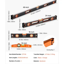 VEVOR 4-Piece Torpedo Level, 48/24/16/10 Inch Box Levels Set, Fluorescent Light Up Bubble Vials Ruler for 45/90/180 Degree, Aluminum Alloy Magnetic Leveler Tool, Shock-Proof(Only 10-inch has magnetic)