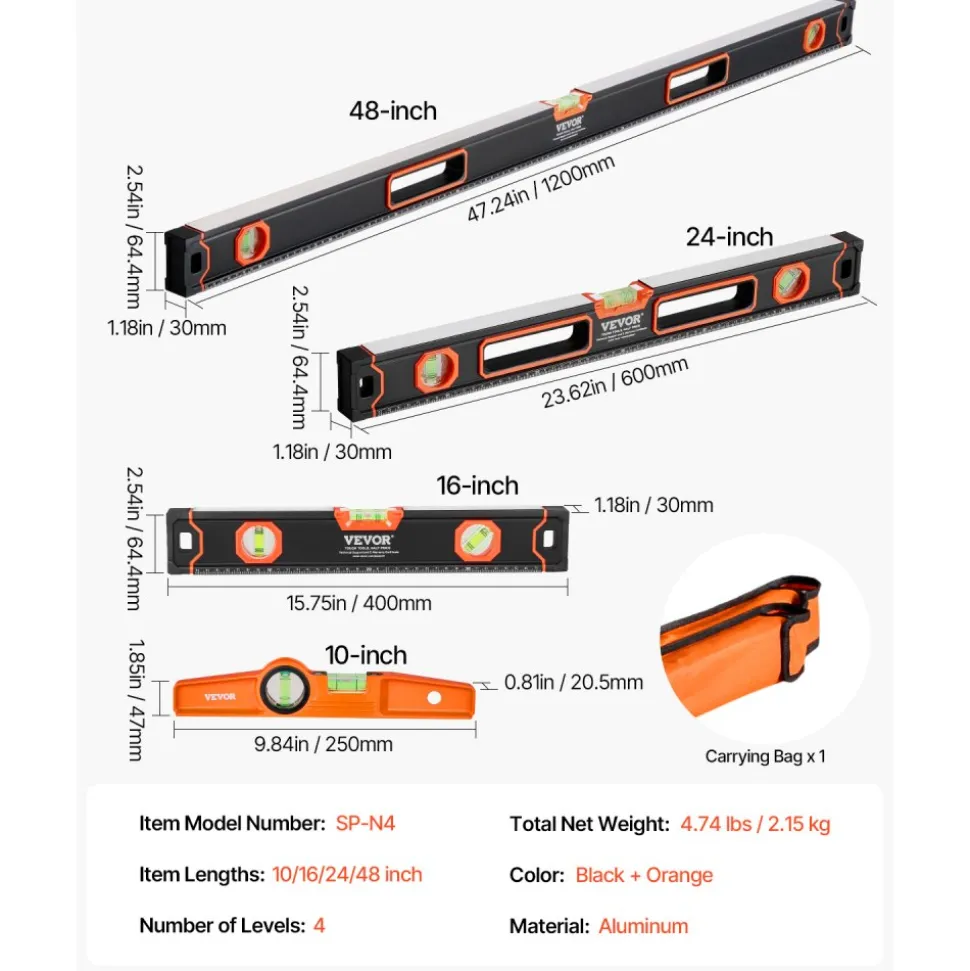 VEVOR 4-Piece Torpedo Level, 48/24/16/10 Inch Box Levels Set, Fluorescent Light Up Bubble Vials Ruler for 45/90/180 Degree, Aluminum Alloy Magnetic Leveler Tool, Shock-Proof(Only 10-inch has magnetic)