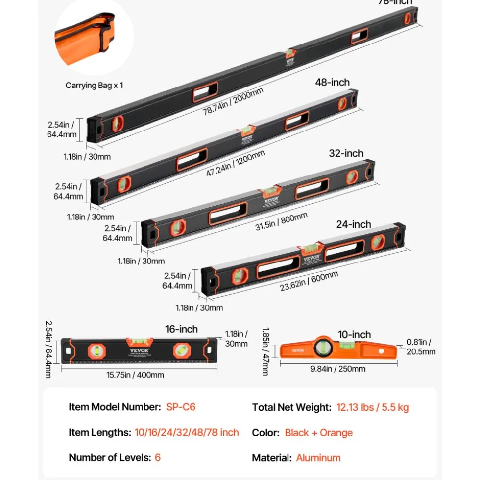 VEVOR 6-Piece Torpedo Level, 78/48/32/24/16/10 Inch All Magnetic Levels Set, Bubble Vials Ruler for 45/90/180 Degree, Aluminum Alloy Magnetic Box Leveler Tool, Shock-Resistance, SAE and Metric Scale