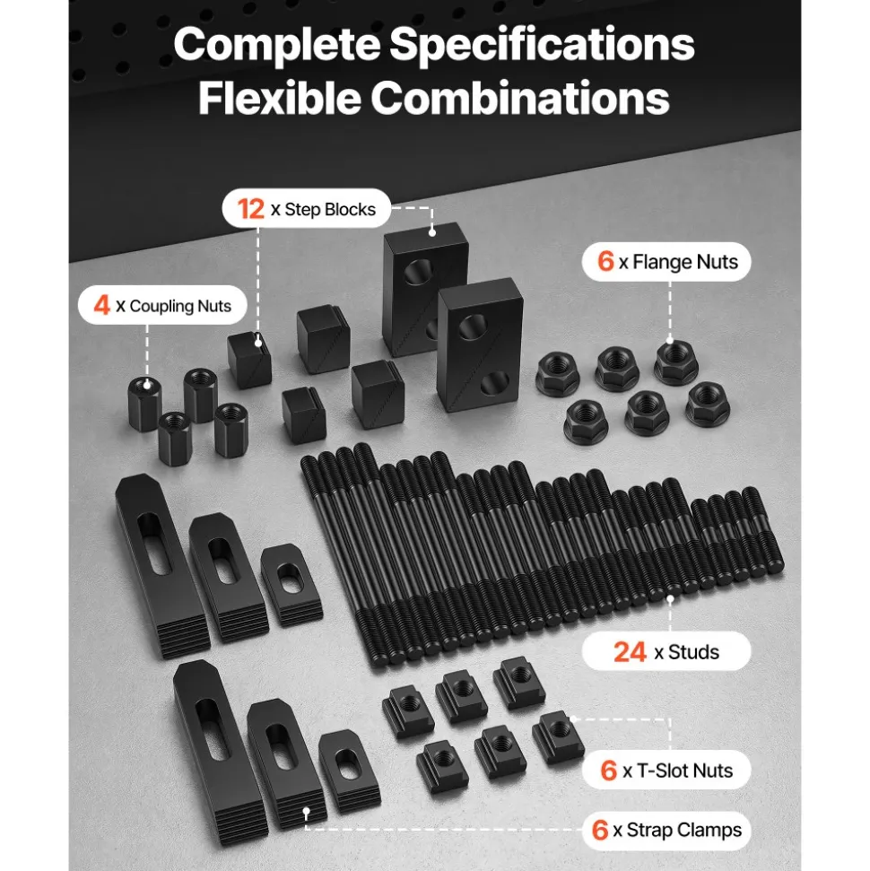 VEVOR 58 Piece 5/8" T-Slot Clamping Kit Hold Down Clamp 1/2"-13 Stud Size, for Bridgeport Mills, Standard Milling Machine, Drill Press, Heat Treated and Precision Ground, Flexible Height Adjustment