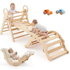 VEVOR Pikler Triangle Set, 9-in-1 Toddler Climbing Toys Indoor, with 2 Wooden Cars, Cushion, Triangle, Arch, and Ramp, 150 lbs Load, Foldable Montessori Climbing Set for Toddlers and Kids, Wood Color