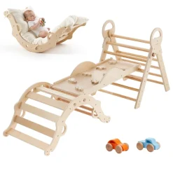 VEVOR Pikler Triangle Set, 9-in-1 Toddler Climbing Toys Indoor, with 2 Wooden Cars, Cushion, Triangle, Arch, and Ramp, 150 lbs Load, Foldable Montessori Climbing Set for Toddlers and Kids, Wood Color