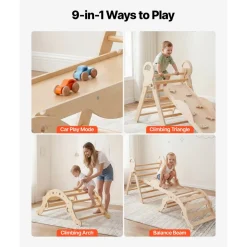 VEVOR Pikler Triangle Set, 9-in-1 Toddler Climbing Toys Indoor, with 2 Wooden Cars, Cushion, Triangle, Arch, and Ramp, 150 lbs Load, Foldable Montessori Climbing Set for Toddlers and Kids, Wood Color