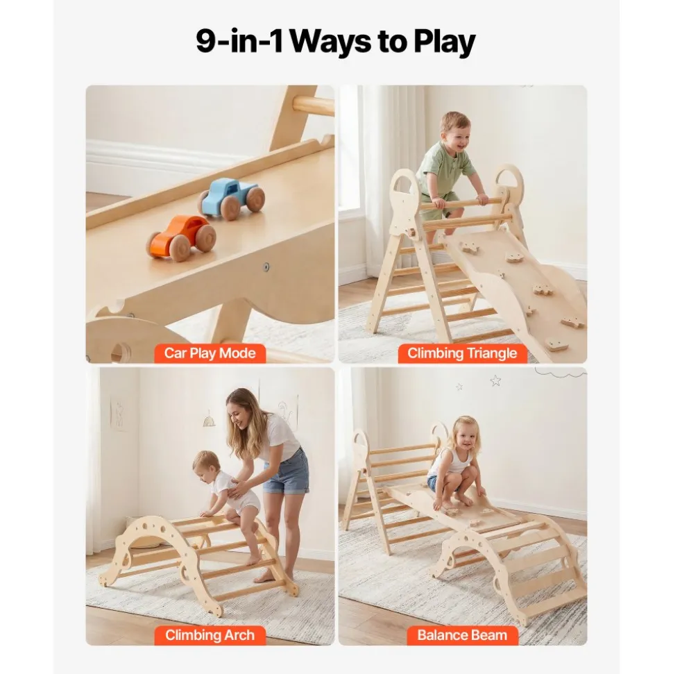 VEVOR Pikler Triangle Set, 9-in-1 Toddler Climbing Toys Indoor, with 2 Wooden Cars, Cushion, Triangle, Arch, and Ramp, 150 lbs Load, Foldable Montessori Climbing Set for Toddlers and Kids, Wood Color