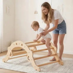 VEVOR Pikler Triangle Set, 9-in-1 Toddler Climbing Toys Indoor, with 2 Wooden Cars, Cushion, Triangle, Arch, and Ramp, 150 lbs Load, Foldable Montessori Climbing Set for Toddlers and Kids, Wood Color