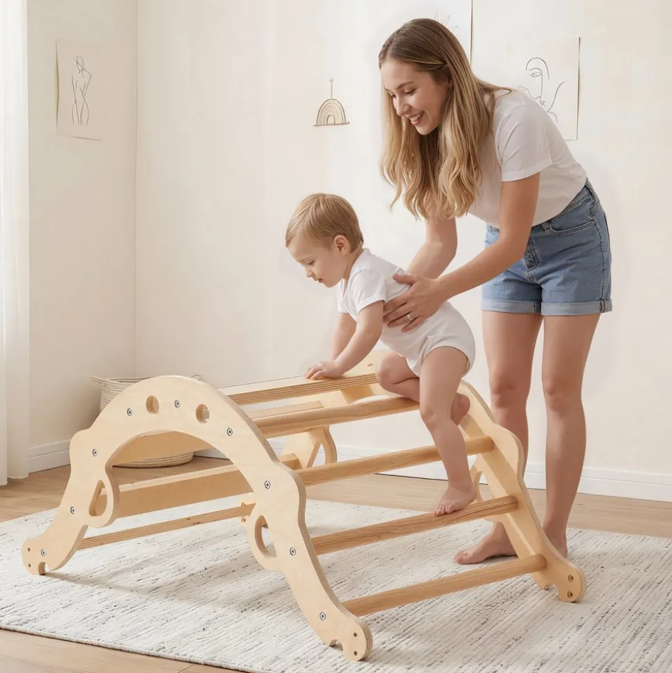 VEVOR Pikler Triangle Set, 9-in-1 Toddler Climbing Toys Indoor, with 2 Wooden Cars, Cushion, Triangle, Arch, and Ramp, 150 lbs Load, Foldable Montessori Climbing Set for Toddlers and Kids, Wood Color