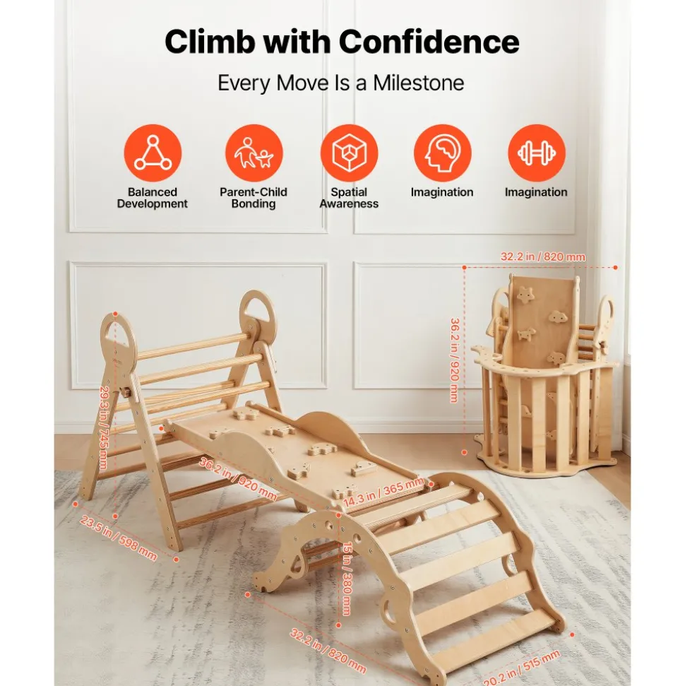 VEVOR Pikler Triangle Set, 9-in-1 Toddler Climbing Toys Indoor, with 2 Wooden Cars, Cushion, Triangle, Arch, and Ramp, 150 lbs Load, Foldable Montessori Climbing Set for Toddlers and Kids, Wood Color